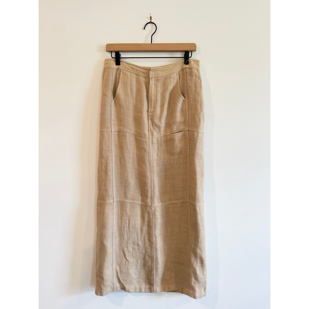 Company Ellen Tracy Tan 100% Linen Maxi Skirt Beige Pockets Slit Size 10